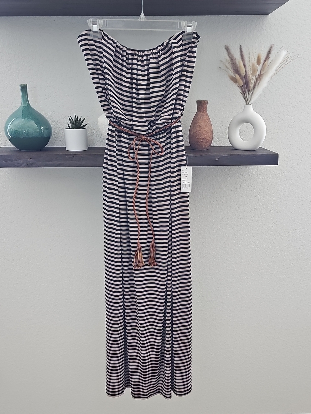 Fashion Magazine Striped Strapless Belted Stretch Maxi Dress Black Tan 3XL NWT
